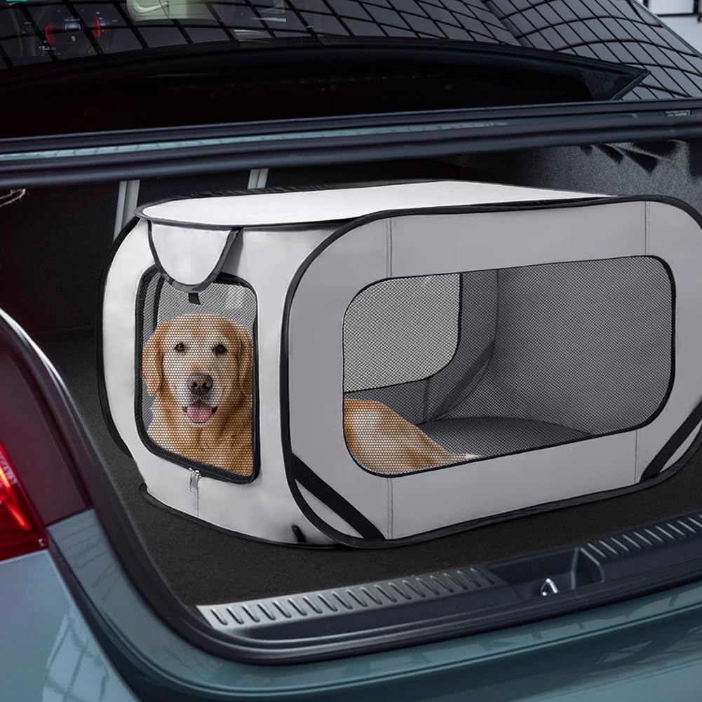 Faltbare Hundebox Auto, Transportbox Hund & Katze bis 29.5 kg (94x53x53 cm), Robuste Hundetransportbox faltbar mit Doppeltüren & Sicherheitsgurt, Tragbarer Rückzugsort für Reisen (Grau)