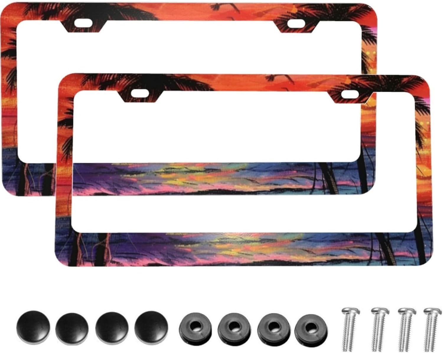Sunset Scene Beach Matte Aluminum License Plate Frame with Black Screw Caps，2pcs 2 Holes Black Licenses Plates Frames,Car Licenses Plate Covers Holders for Us Vehicles/Women/Men