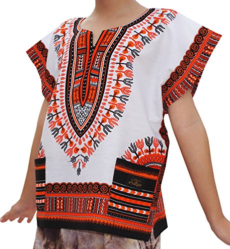 RaanPahMuang Childs Unisex African Dashiki Kaftan Shirt - XS to L, 0-2 Years, Logo - White Light Orange