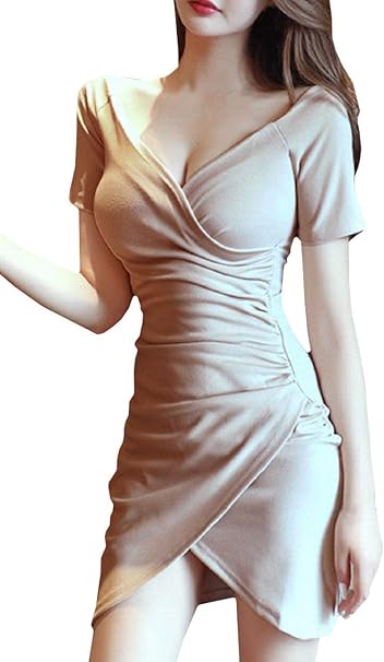 Amazon Co Jp ココアンドユカ 半袖 カシュクール タイト 胸元 セクシー ミニ ワンピース タイト スカート キャバ 嬢 ドレス ルームウェア ミニワンピ 服 ファッション小物