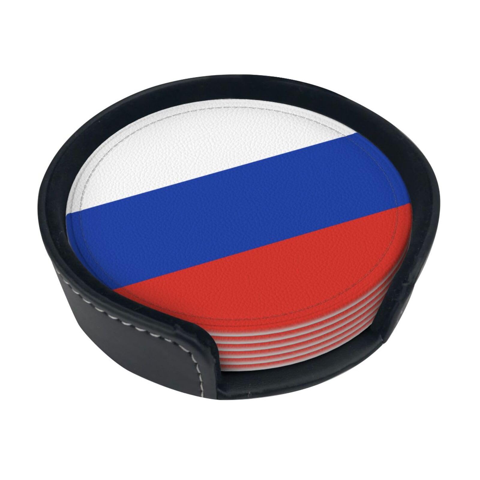Cntdbu White Russian Flag Leather Coasters Set Of 6-Pu Leather Drink Mats For Table, Heat Resistant Round Coasters With Holder