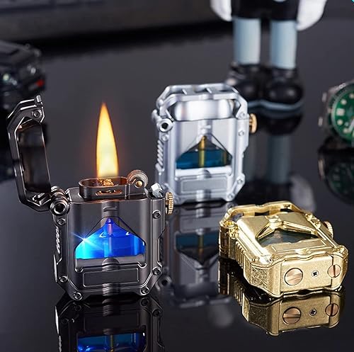 Miniatura 5 de Encendedor de trinchera con luz LED azul, encendedor mecánico transparente novedoso, regalos únicos para hombres (negro)