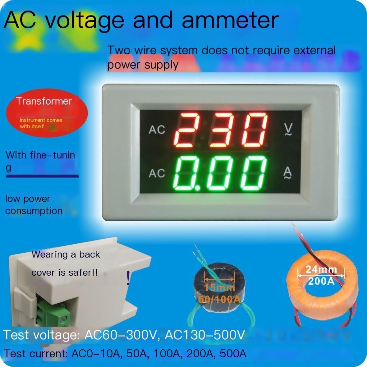 AC60-300V500V220V Digital Display AC Voltmeter Ammeter LED Digital Dual Display Meter Household 50A (Color : White)