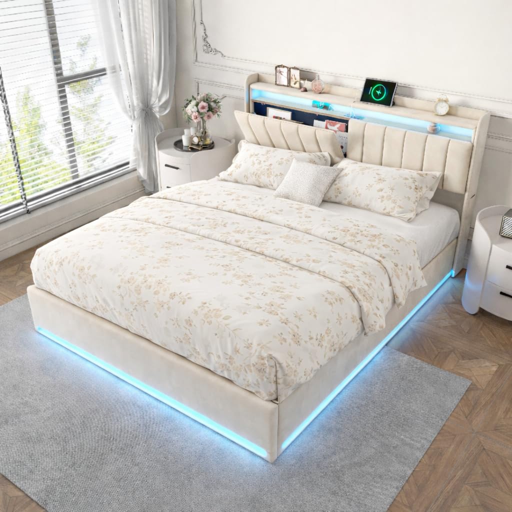 CDQL Cama tapizada de Matrimonio de 140 x 200 cm, con Conexiones USB y Type-C en el cabecero, estantes Abiertos y Compartimento Oculto, iluminación LED integrada, Terciopelo, Beige