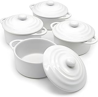 Kook Ceramic Mini Cocotte Set, Small Casserole Dishes with Lids and Handles, Individual Baking Ramekins, Oven, Microwave & Dishwasher Safe, Stoneware, 12 oz, Set of 4 (Swiss White)