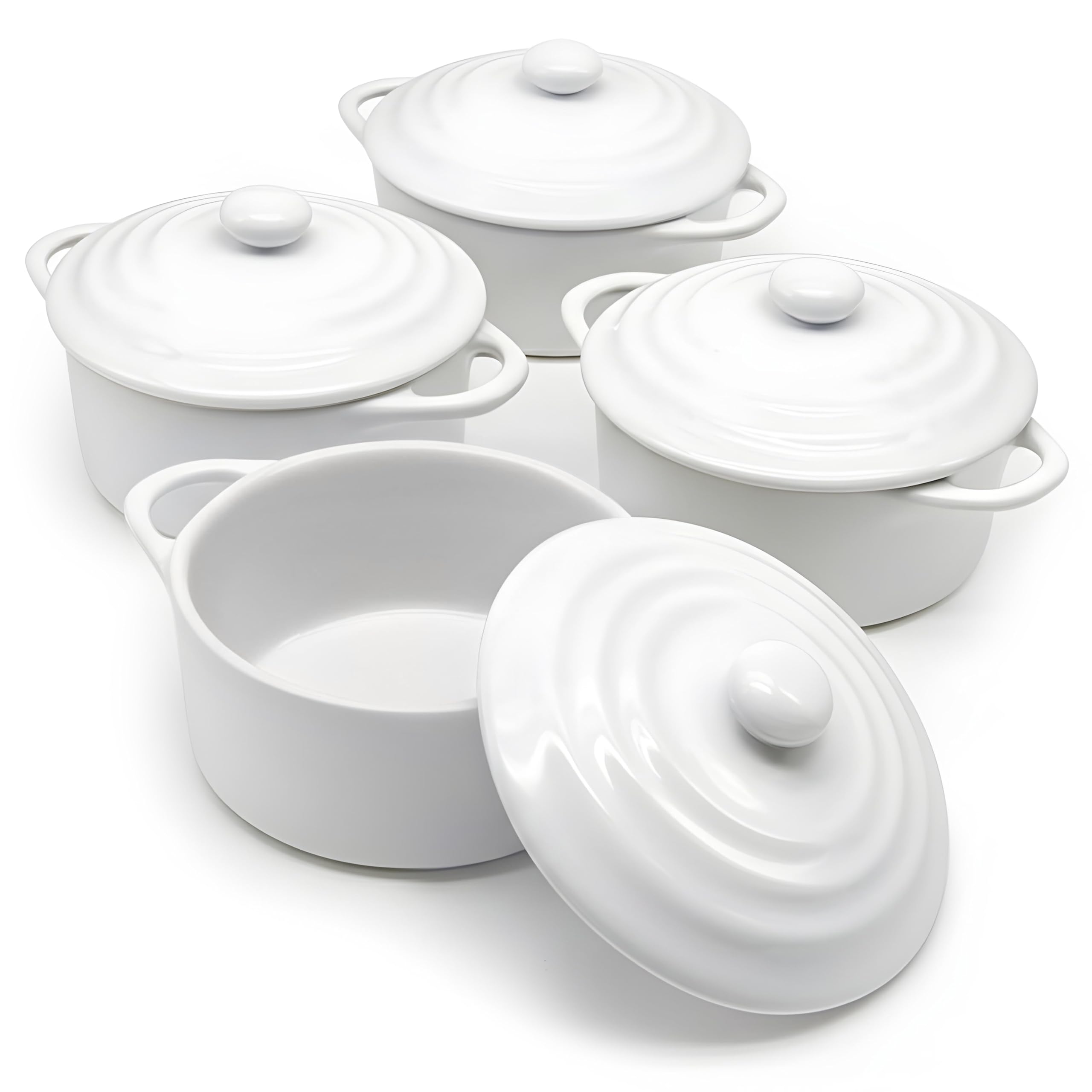 Kook Ceramic Mini Cocotte Set, Small Casserole Dishes with Lids and Handles, Individual Baking Ramekins, Oven, Microwave & Dishwasher Safe, Stoneware, 12 oz, Set of 4 (Swiss White)