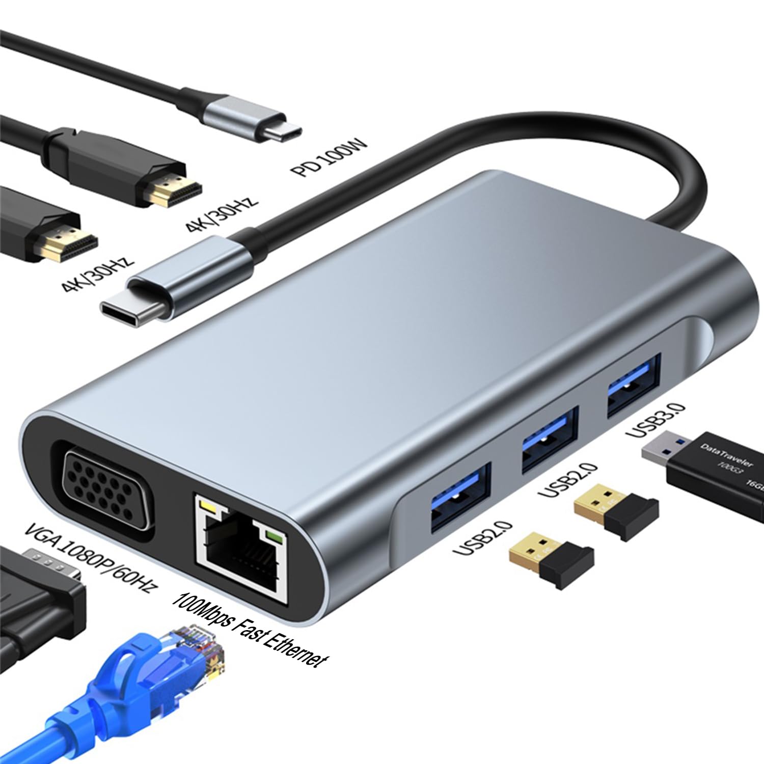 Stacja dokująca USB C do podwójnego HDMI, wieloportowy adapter typu C z podwójnym HDMI (4K@30Hz), 1080P VGA, RJ45, 100W PD, USB3.0, 2 USB2.0, koncentrator 8 w 1 do Dell HP MacBook Laptop (8 w 1