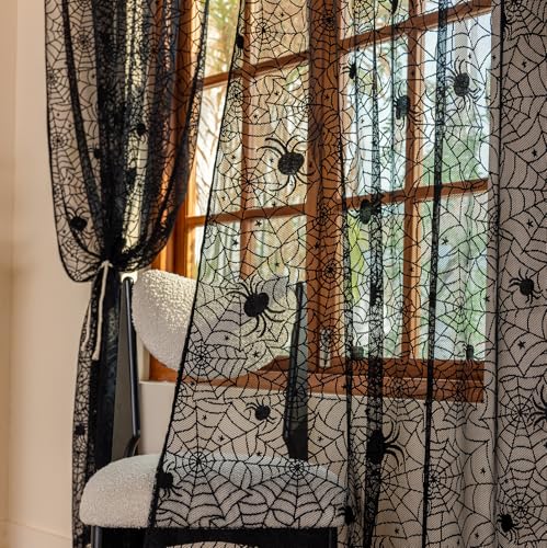 YJ YANJUN Halloween Kitchen Curtains 54 Inch Length Goth Spiderweb Victorian Curtains 2 Panels Short Sheer Curtain for Bathroom Bedroom Gothic Spider Halloween Decorations 55Wx54L Inch Black