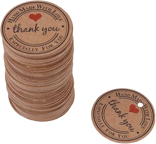 100 etiquetas redondas de papel kraft de regalo hechas a mano, papel kraft marrón, hechas a mano, etiquetas de agradecimiento para bodas, fiestas,