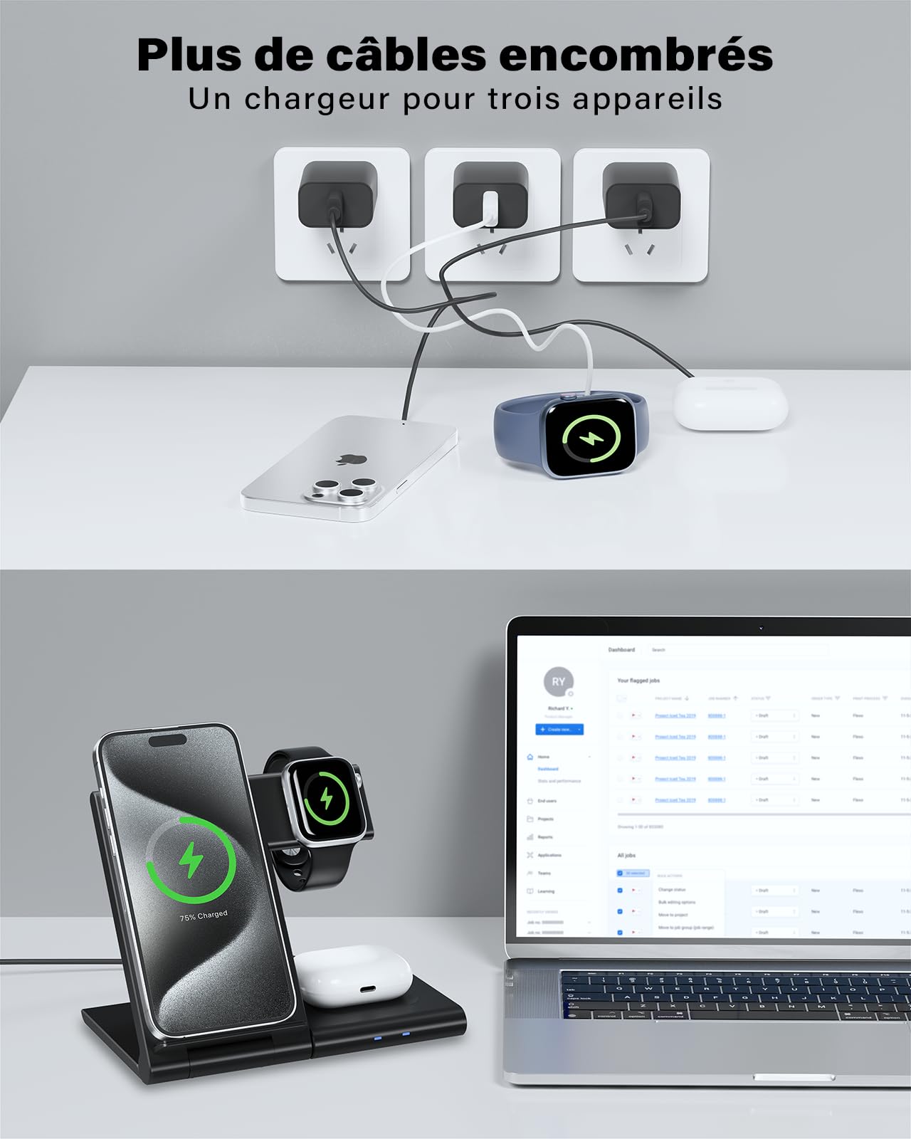 WATOE 3 in 1 Caricatore Wireless Stazione, 18W Ricarica Rapida Wireless Phone Charger Stand per iPhone16 15/14/13/12/11/Pro/Max/XS/XR/X/8/Plus, per Apple Watch 9/8/7/6/SE/5/4/3/2 e per AirPods 3/2/Pro