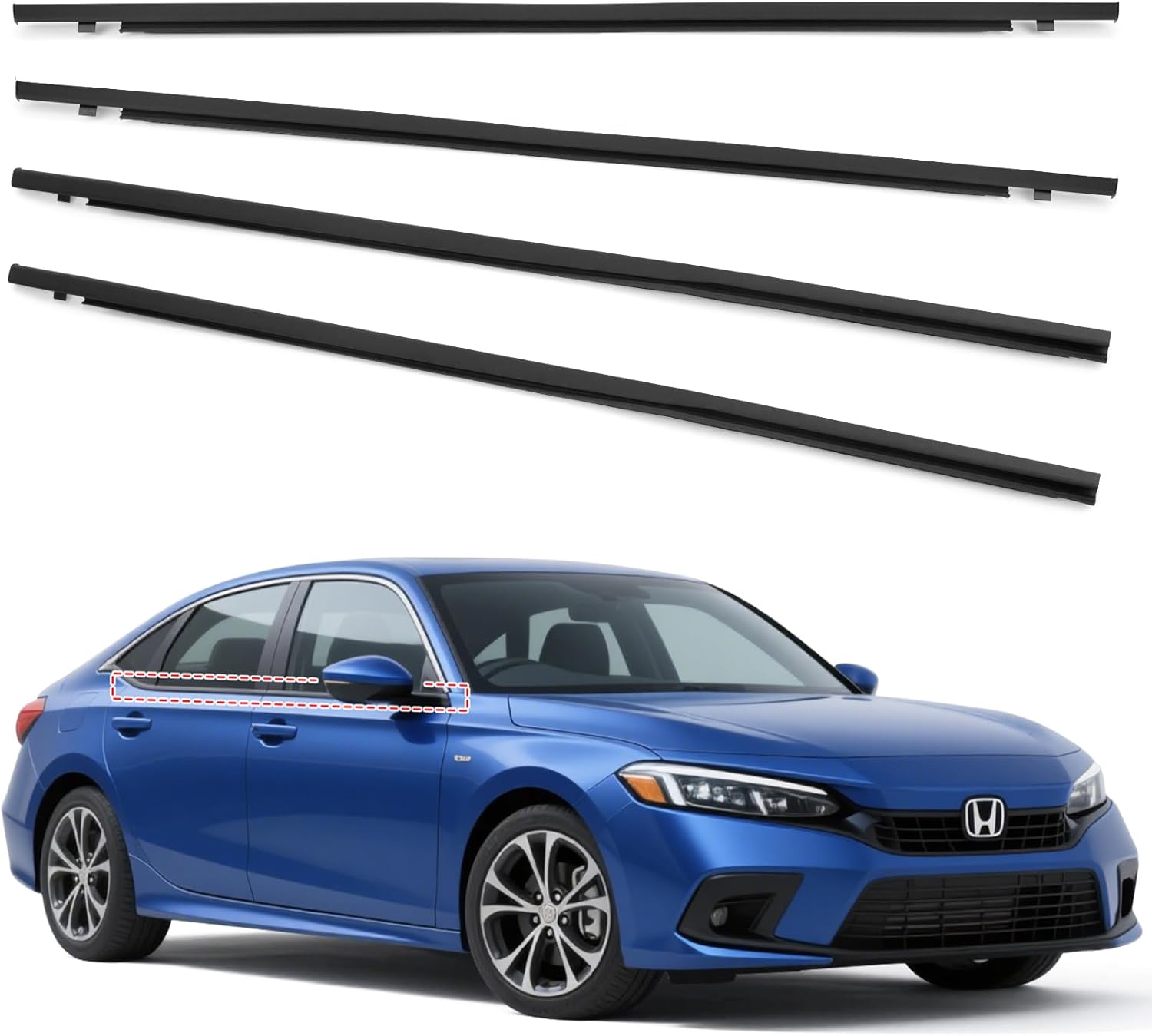 4PCS Window Weather Stripping for Honda Civic 2016-2021 4-Door Sedan - Replaces 72450-TEA-T01 72410-TEA-T01 72950-TEA-T01 72910-T01 | Stop Wind Noise & Rain Leaks | Snap-in Trim Molding