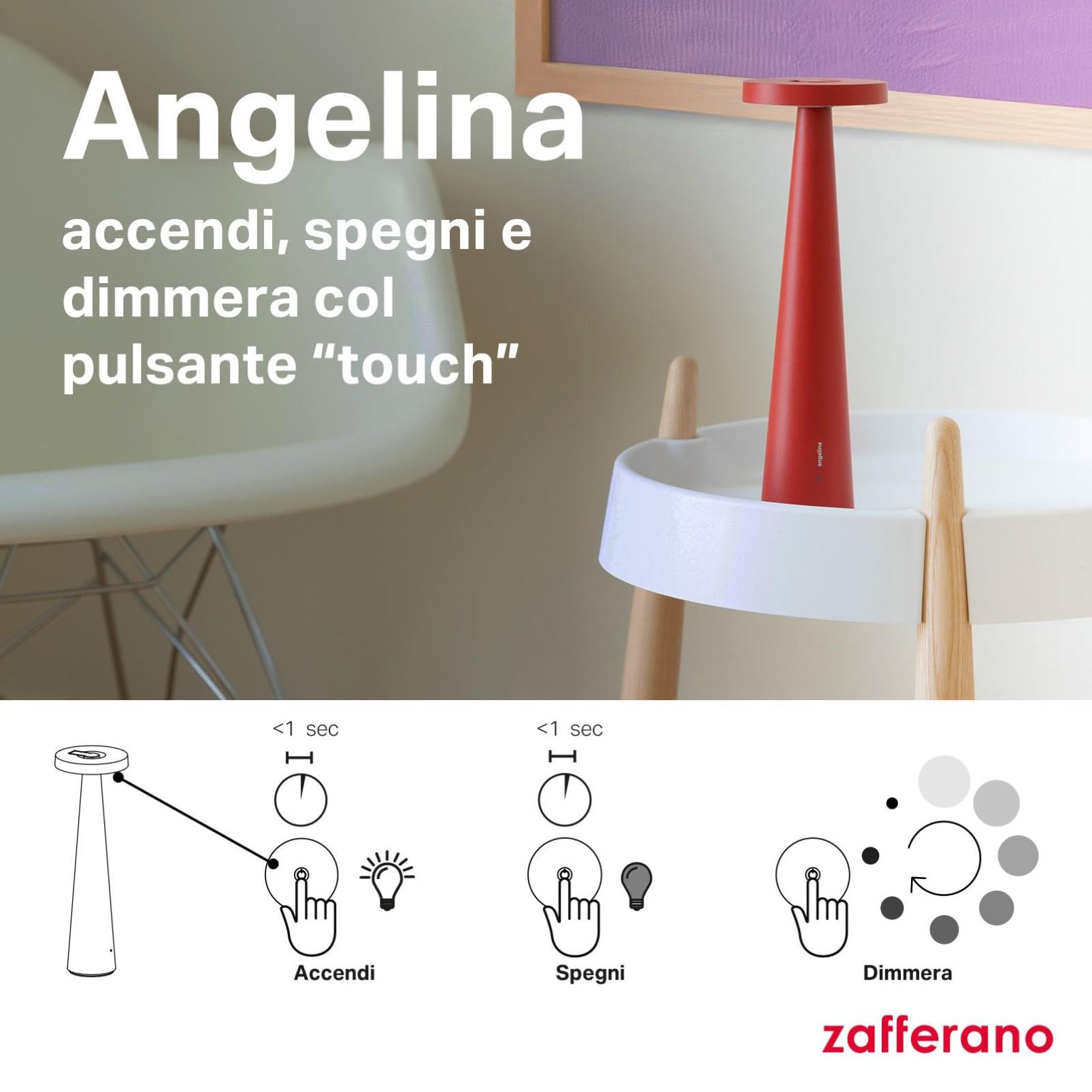 Zafferano, Lampada Angelina, Lampada da Tavolo Ricaricabile e Senza Fili con Controllo Touch e con Testa Orientabile, Adatta per Interni, Dimmer, 2200-3000 K, Altezza 26 cm, Colore Rosso