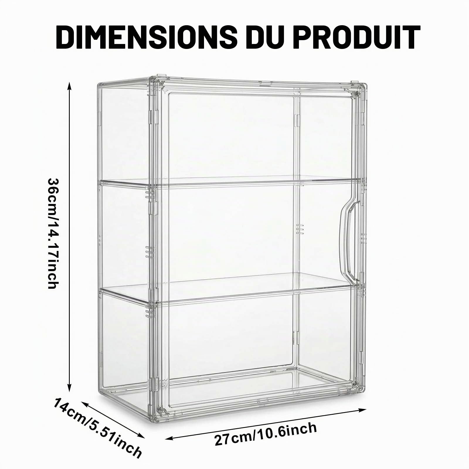 Vitrine Acrylique Empilable à 3 Niveaux avec Porte Magnétique, Boîte de Présentation Transparente pour Figurines, Objets de Collection, Antipoussière et Facile à Monter (36x13x27cm)
