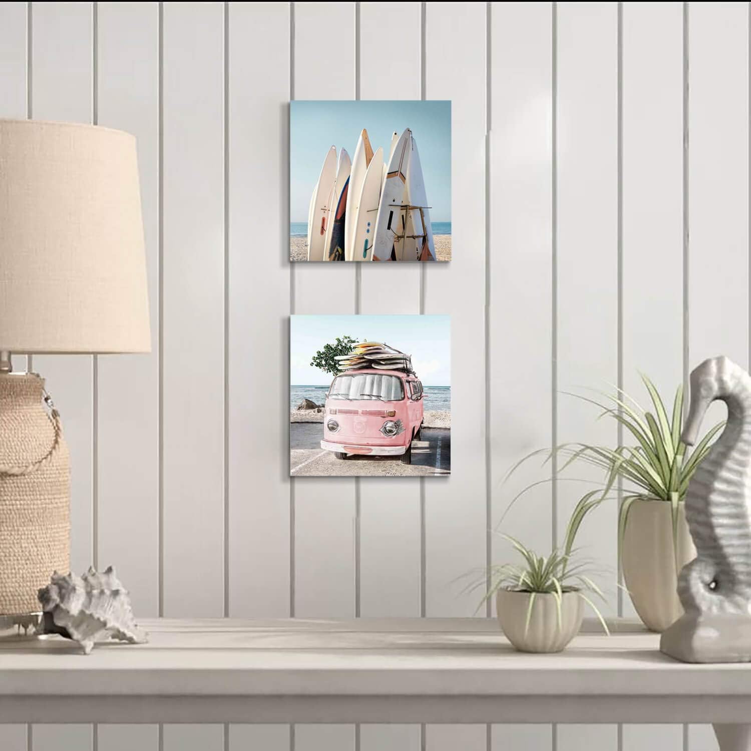 Hardy Gallery Beach Picture Coastal Art Painting: Surfboard & Pink Car Ocean Wall Art on Canvas for Bedroom Bathroom (12” x 12” x 2 Panels)
