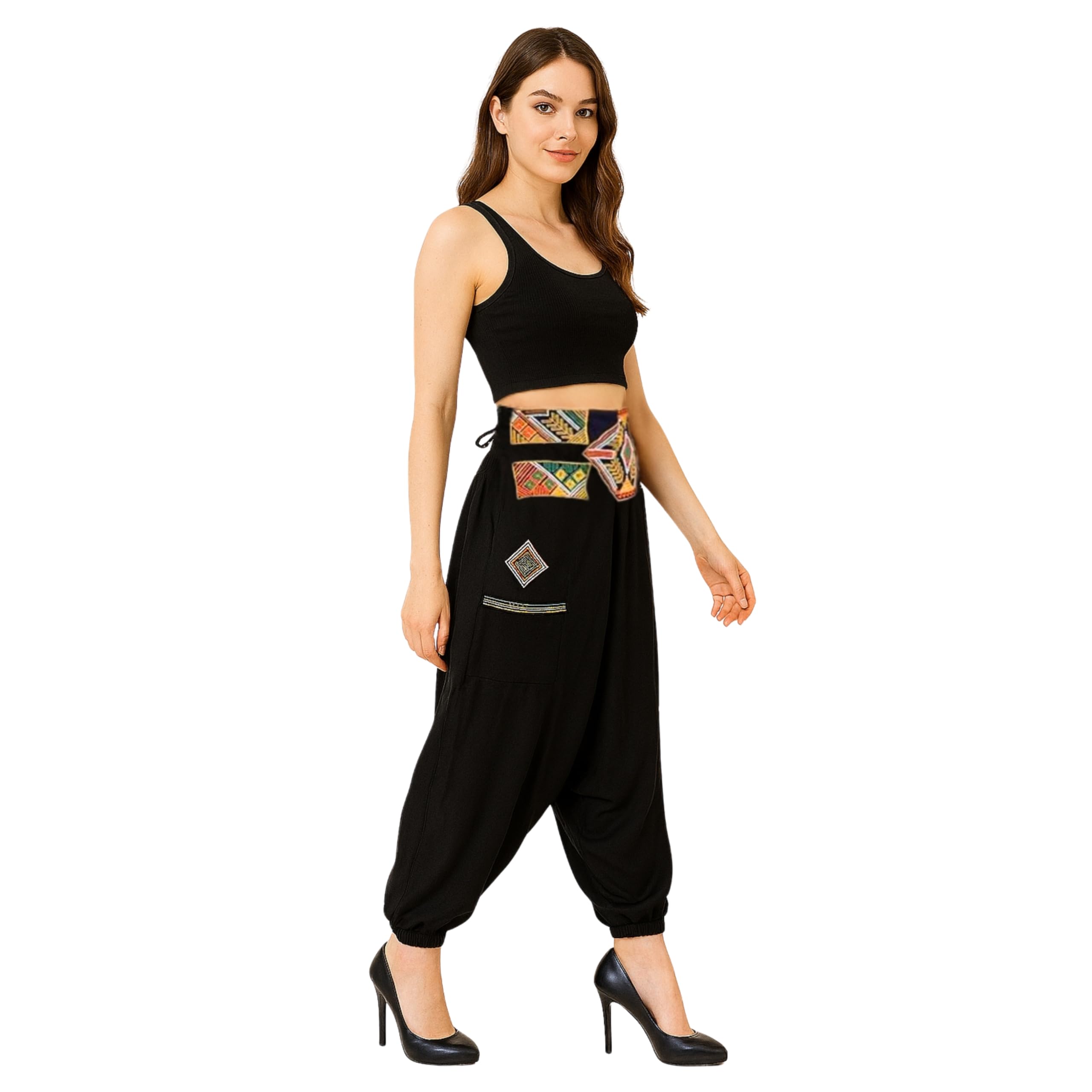 LUJOSO Women High Rise Harem Pants | Stylish Afghani Salwar | Rayon Fabric Pants Loose Fit for Yoga & Dancing | Waist Size 22 to 42 Inches, Free Size (in, Alpha, L, Regular, Black) 2