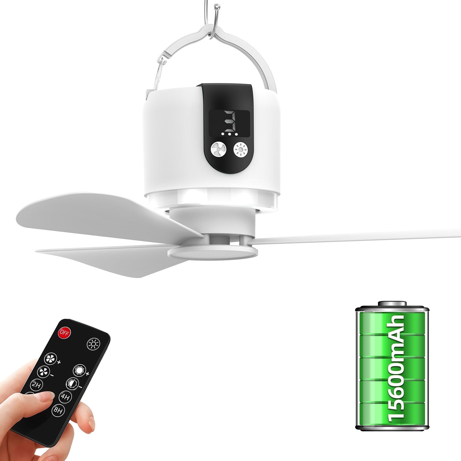 YISUN Camping Fan with LED Light, 15600mAh USB Rechargeable Portable Camping Fan with Remote Control, Timer, Removable Blades, 3 Speeds Tent Fans for Bedrooms, RVs, Courtyards