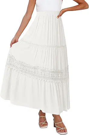 ZESICA Women's 2023 Summer Bohemian Solid Color Lace Trim Flowy A Line Beach Long Maxi Skirt with Pockets
