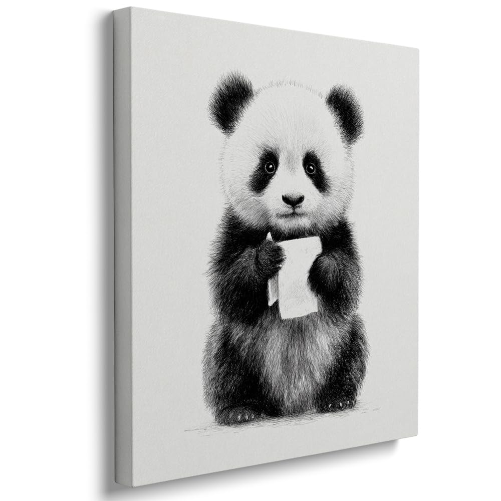 Cute Panda Bathroom Wall Art Funny Toilet Paper Animal Poster for Kids Bathroom Decor Black and White Cartoon Panda Print 30x40cm Wood Framed