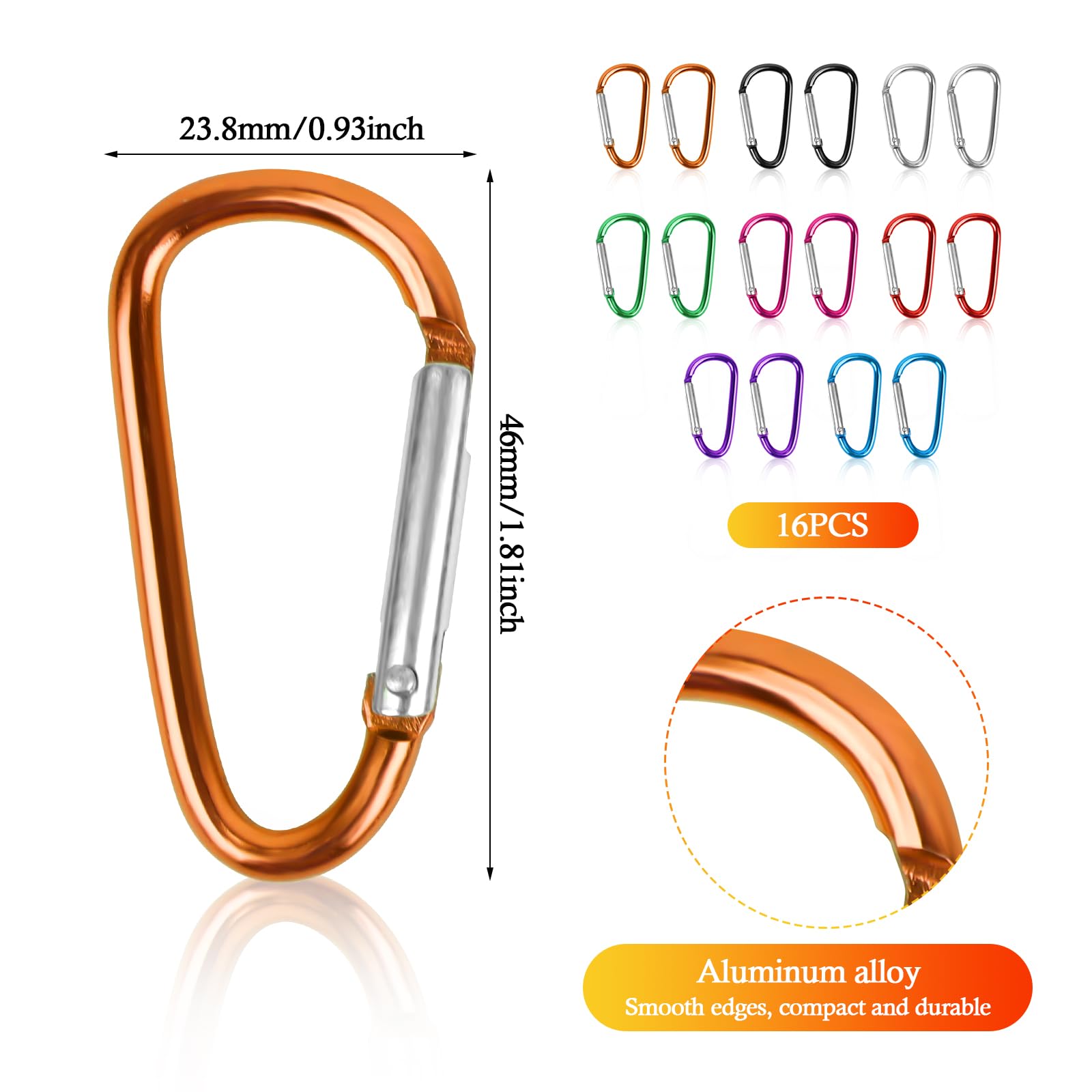 MXTIMWAN 16PCS Mini Moschettone Alluminio Portachiavi Compatto Forma a D Multifunzione Leggero per Zaini, Campeggio, Guinzagli per Cani (8 Colori)