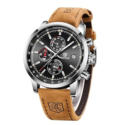 BENYAR Waterproof Quartz Men Watch, Fashionable Chronograph Analog Water-Resistant Business Brown Leather Watches