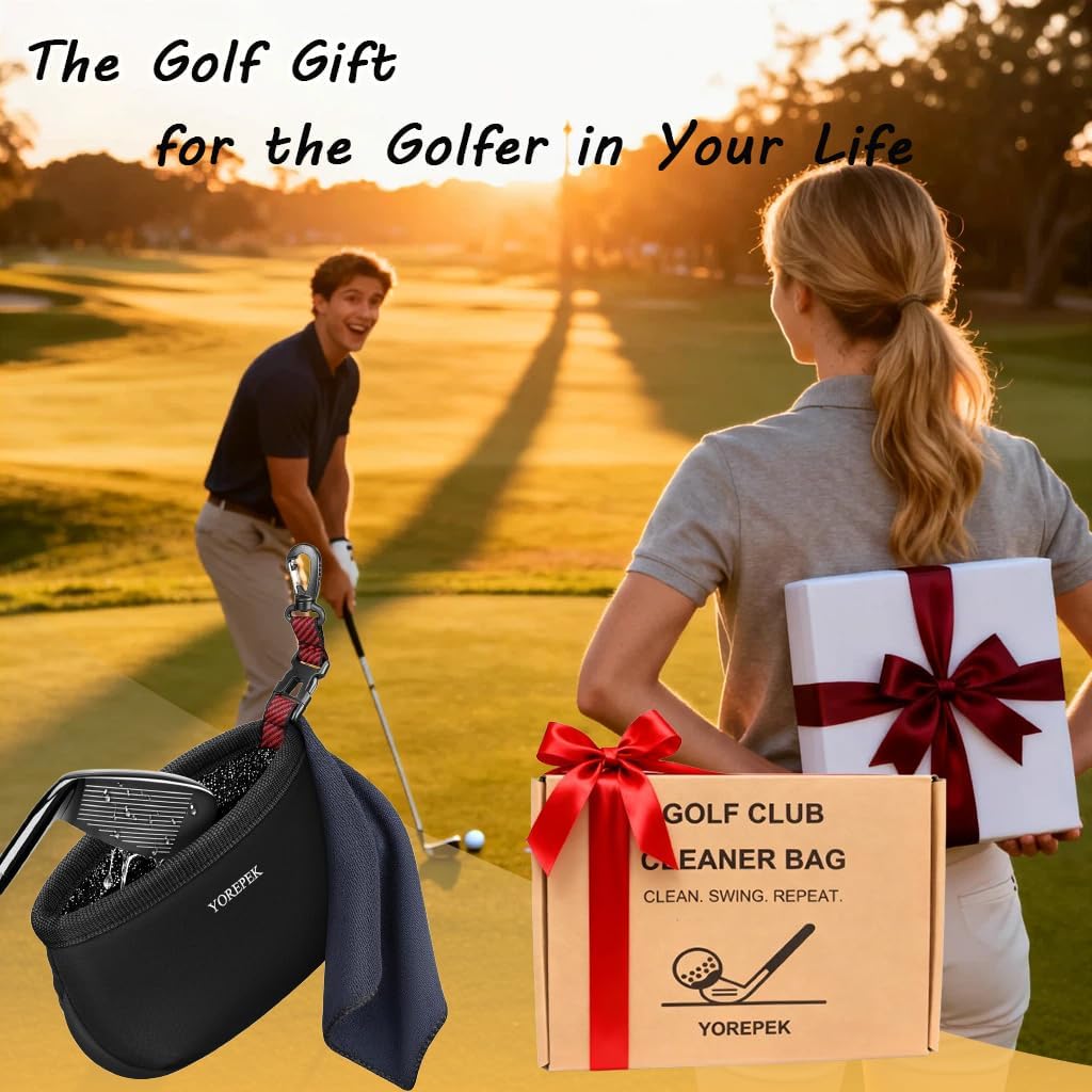 YOREPEK Golf Club Cleaner Bag with Towel, 360° Rotating Clip, Golf Ball Washer with Zipper Pocket, Valentines Day Golf Gifts for Him, Golf Bag Accessories for Men, Black