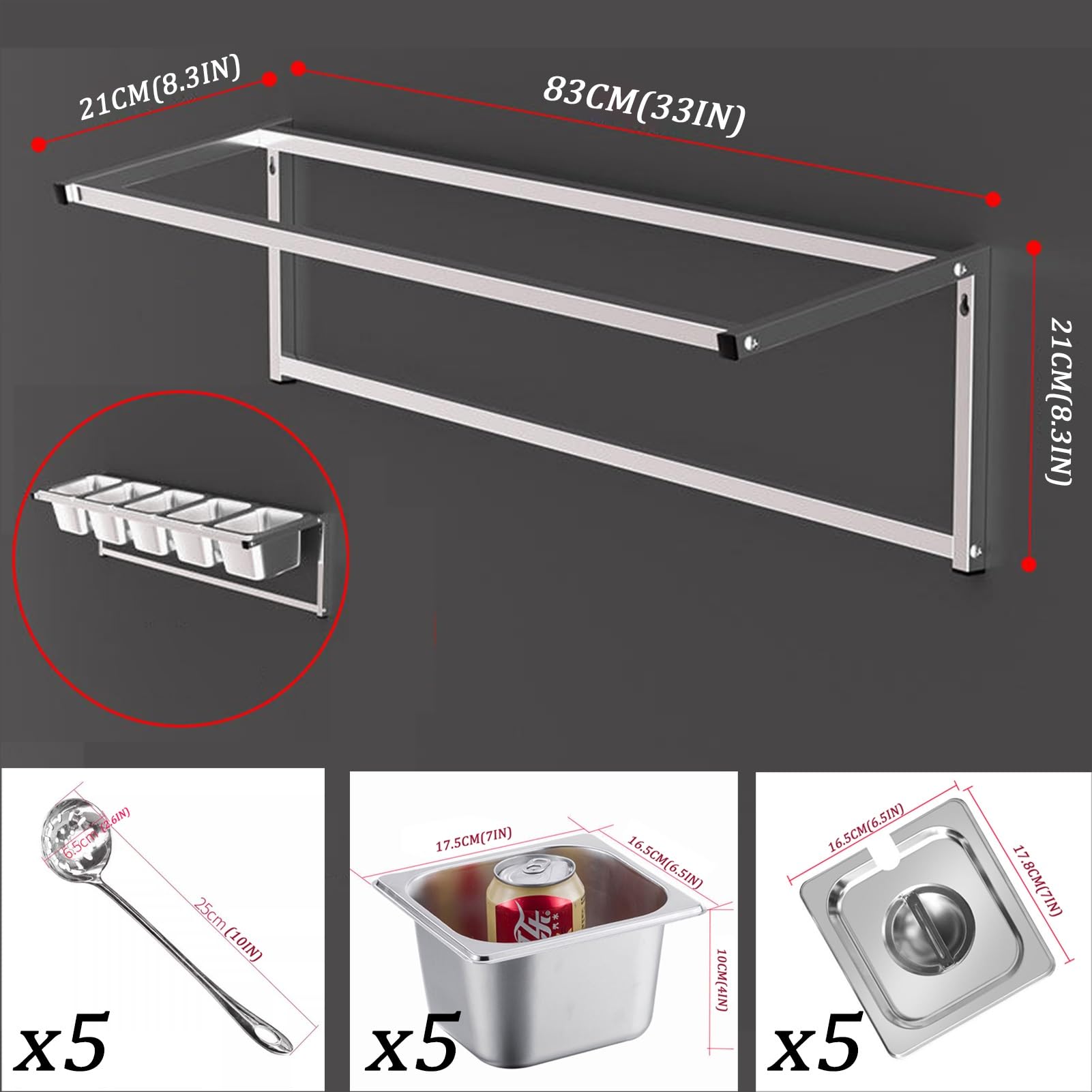 Étagère à épices en acier inoxydable avec poêles, couvercles et cuillère – Étagère murale de cuisine pour stocker les sauces, les bocaux et les fruits – Parfait organisateur de comptoir