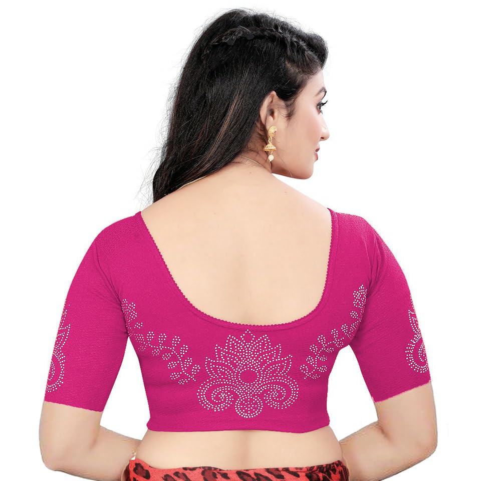 MagicStyle Creation Stylish Golden Stone Work Stretchable Blouse Latest Trendy Designer Readymade Women's Saree Blouse Round Neck Half Sleeves-picture-22