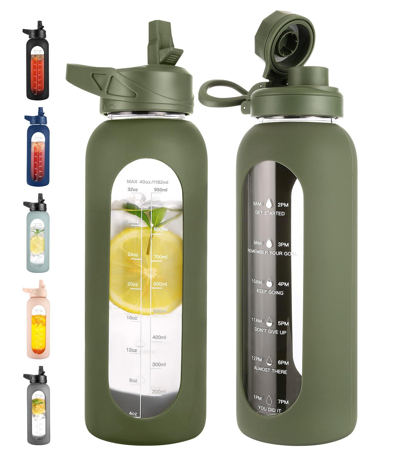 CIVAGO 40 oz Glass Water Bottle with Straw, Large Motivational Water Jug