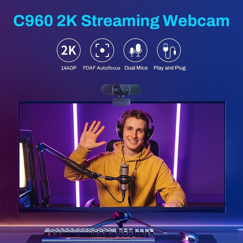 Webcam 2K Web Camera 1080P 60FPS Streaming Autofocus EMEET C960 USB WebCam With Microphones for YouTube Desktop/Laptop