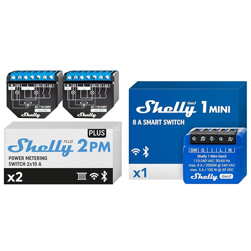 Shelly Plus 2PM e Plus 1 Mini Gen3, Interruttori Relè Intelligenti Wi-Fi e Bluetooth, 16A, 2 Canali, Controllo Smart