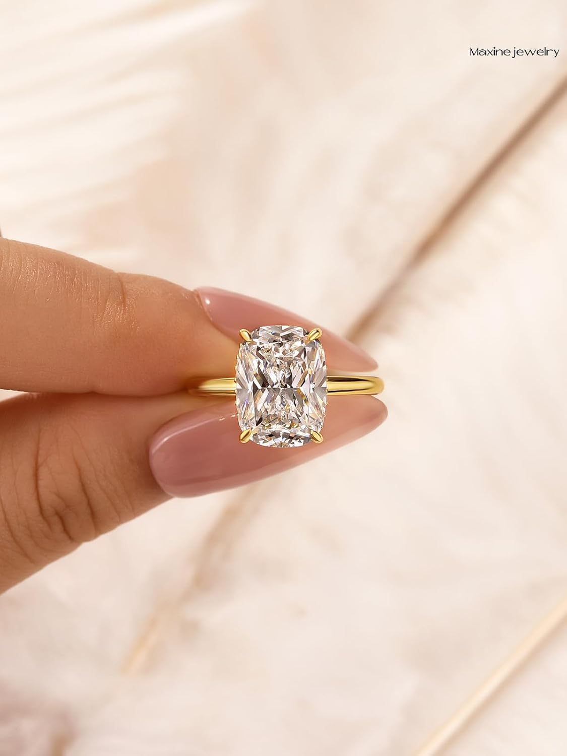 Maxinejewelry 5.5 Ct Cushion Cut Hidden Halo Engagement Ring, 925 Sterling Silver 18K Gold Plated solitaire Jewelry Gift, 5A Cubic Zirconia Promise Anniversary Ring