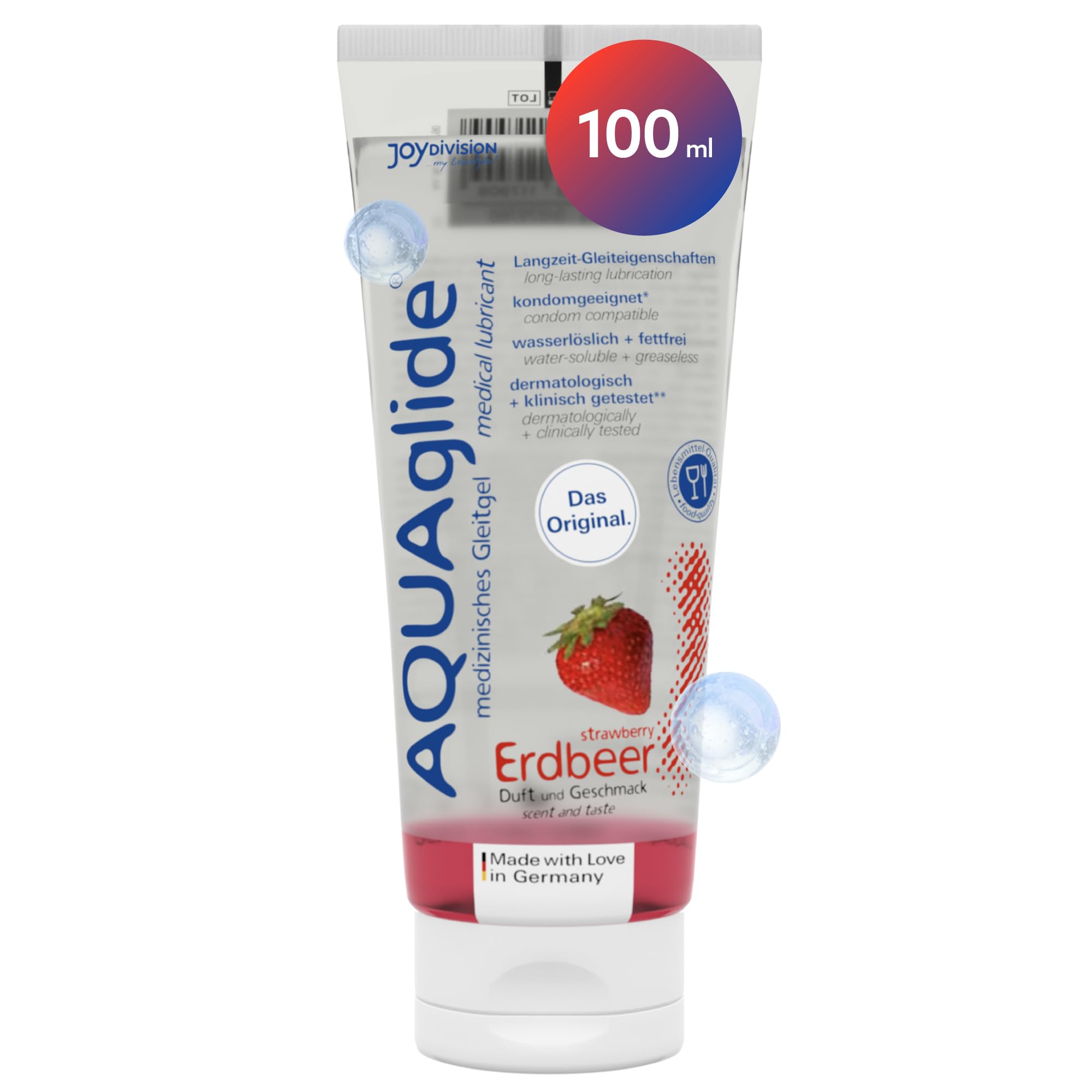 JOYDIVISION AQUAglide Erdbeer Gleitgel 100 ml, Veganes Gleitmittel, Auf Wasserbasis mit einen sinnlichen Erdbeere Duft, kristallklares Gleitmittel geeignet Für Latex-kondome