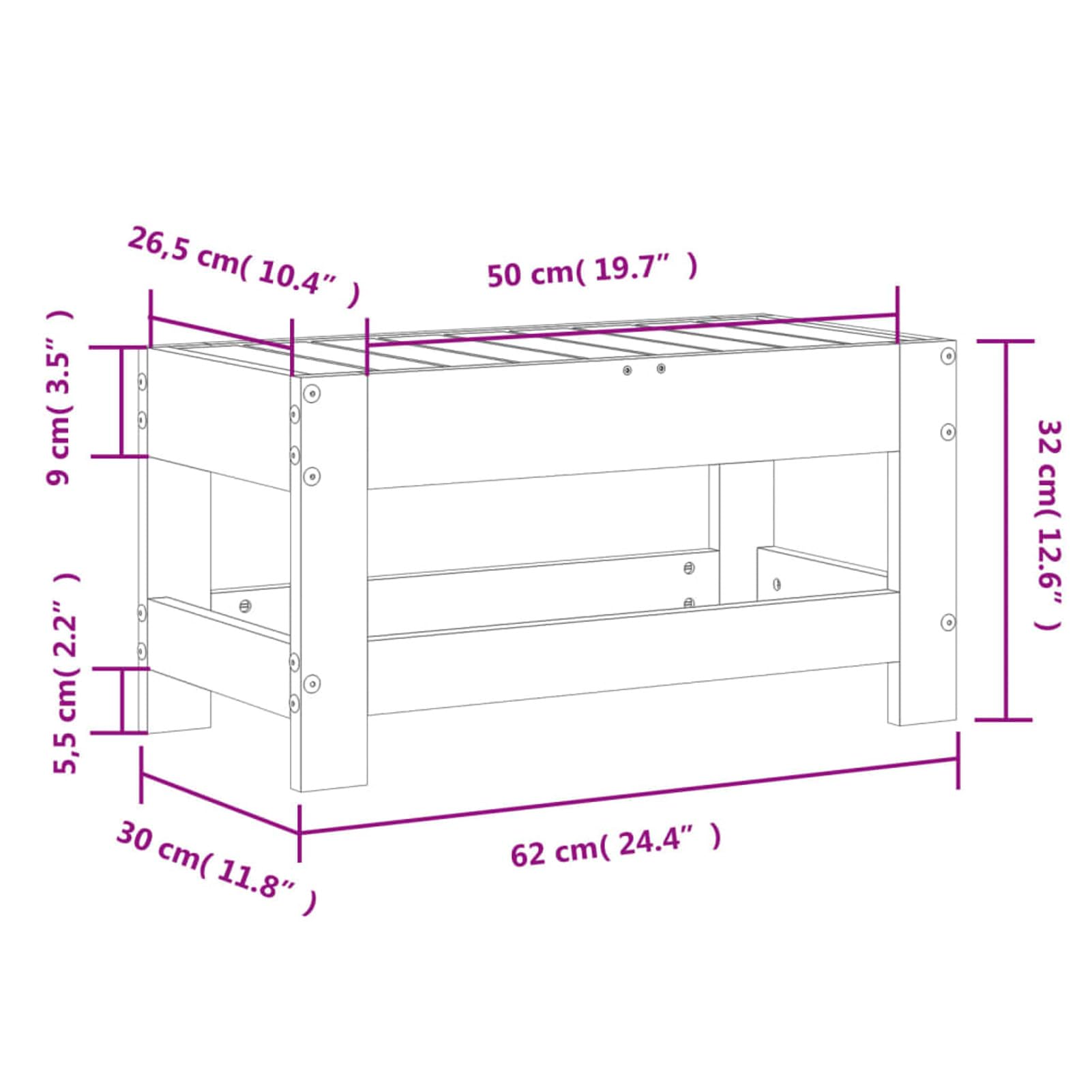 Homgoday Repose-pieds de jardin 62 x 30 x 32 cm en bois massif Douglas, repose-pieds ottoman, tabouret de siège, mobilier de terrasse, repose-pieds balcon, piscine, salon