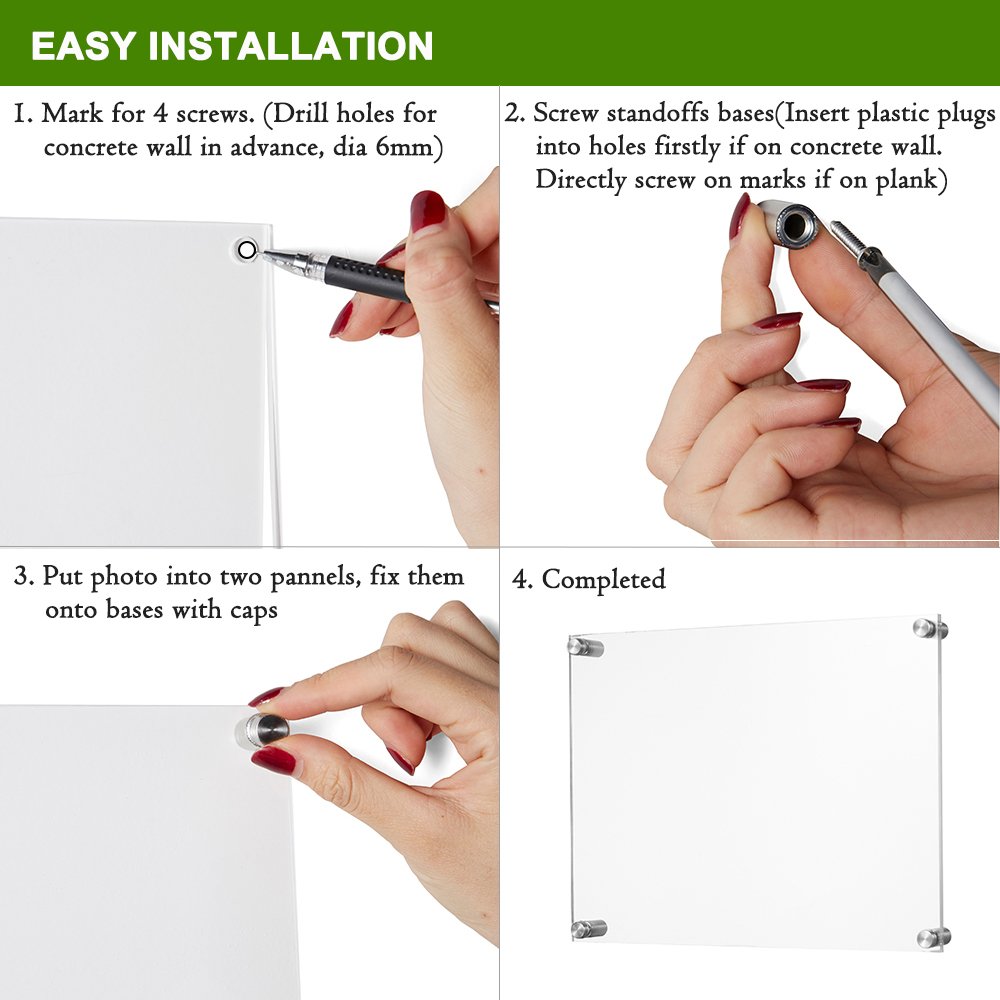 Meetu 11 x 14 Acrylic Picture Frames -Inner 10x12 Wall Mount Photo Frame Frameless Clear Floating Frame for Document Certificate Artwork(4 Pack) 4