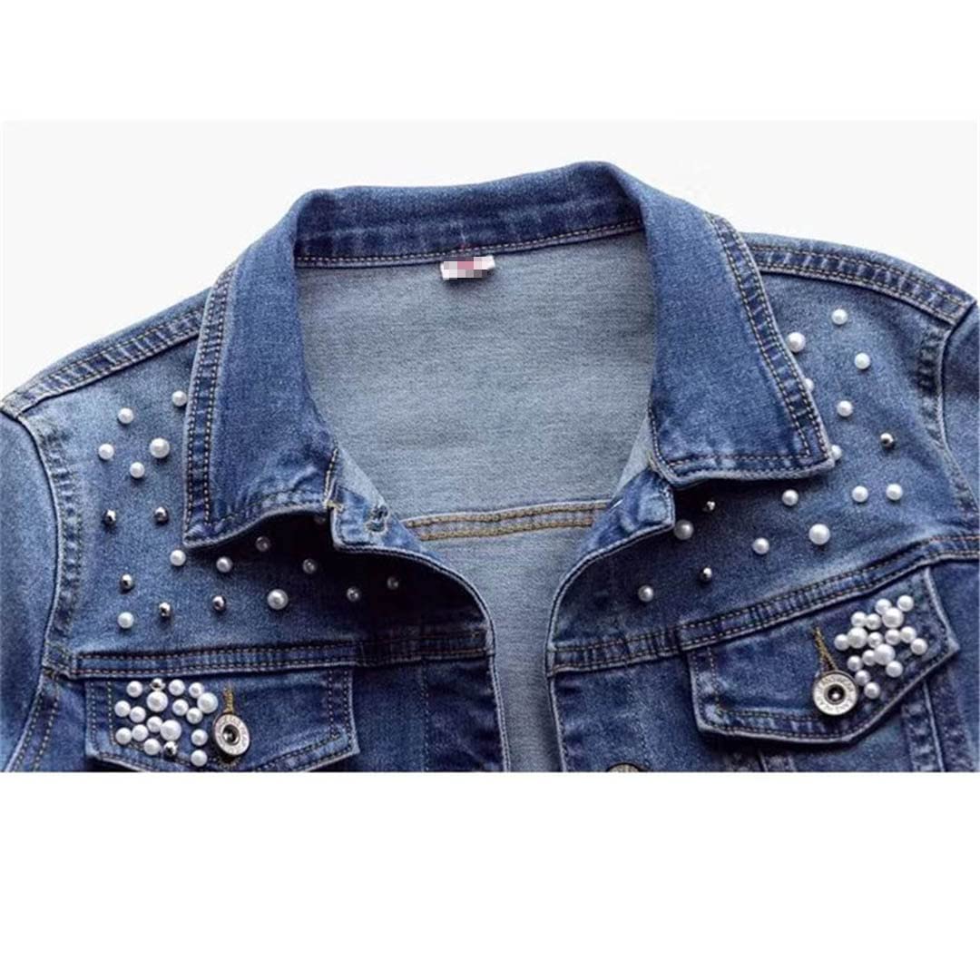 Suncadmious Giacca in Denim a Maniche Lunghe con Bottoni Ricamati da Donna con Risvolto Classico Oversize Sottile Giacca a Vento Lunghezza Media Colletto da Abito (Blu 1,S
