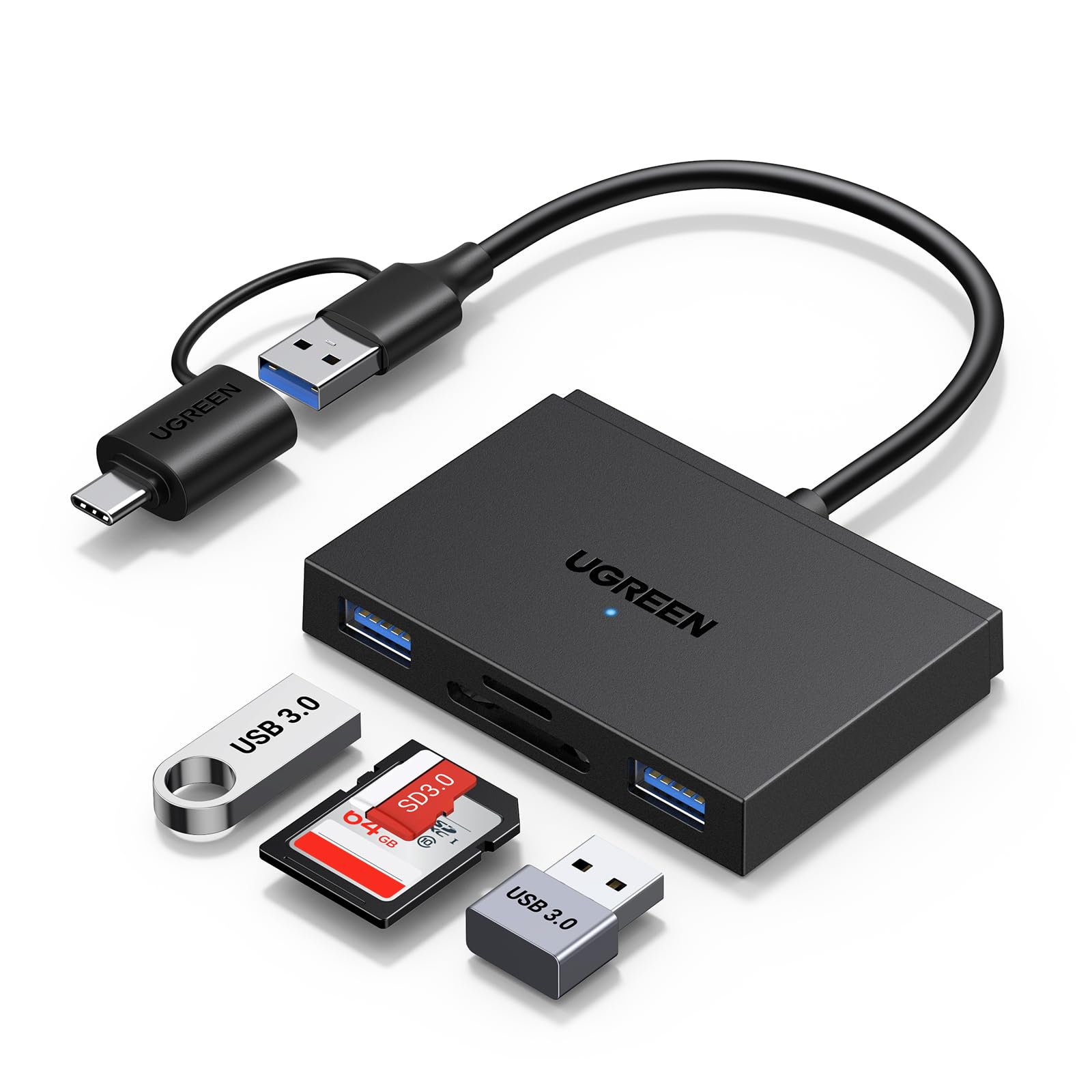 UGREEN 4 in 1 SD Kartenleser, USB C & USB 3.0 OTG Adapter und Kartenlesegerät mit SD, TF and 2*USB 3.0 Ports, SD Card Reader 5Gbps kompatibel mit iPhone 17 Serie/iPad/Laptop/Desktop