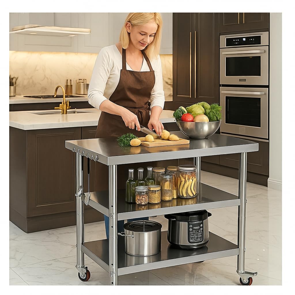 Stainless Steel Table with Wheels for Food Preparation and Work, Multi-Size Optional, Three-Layer Variable Two-Layer Metal Commercial Workbench Outdoor, Restaurant, Kitchen (24" Lx24 Wx35 H)
