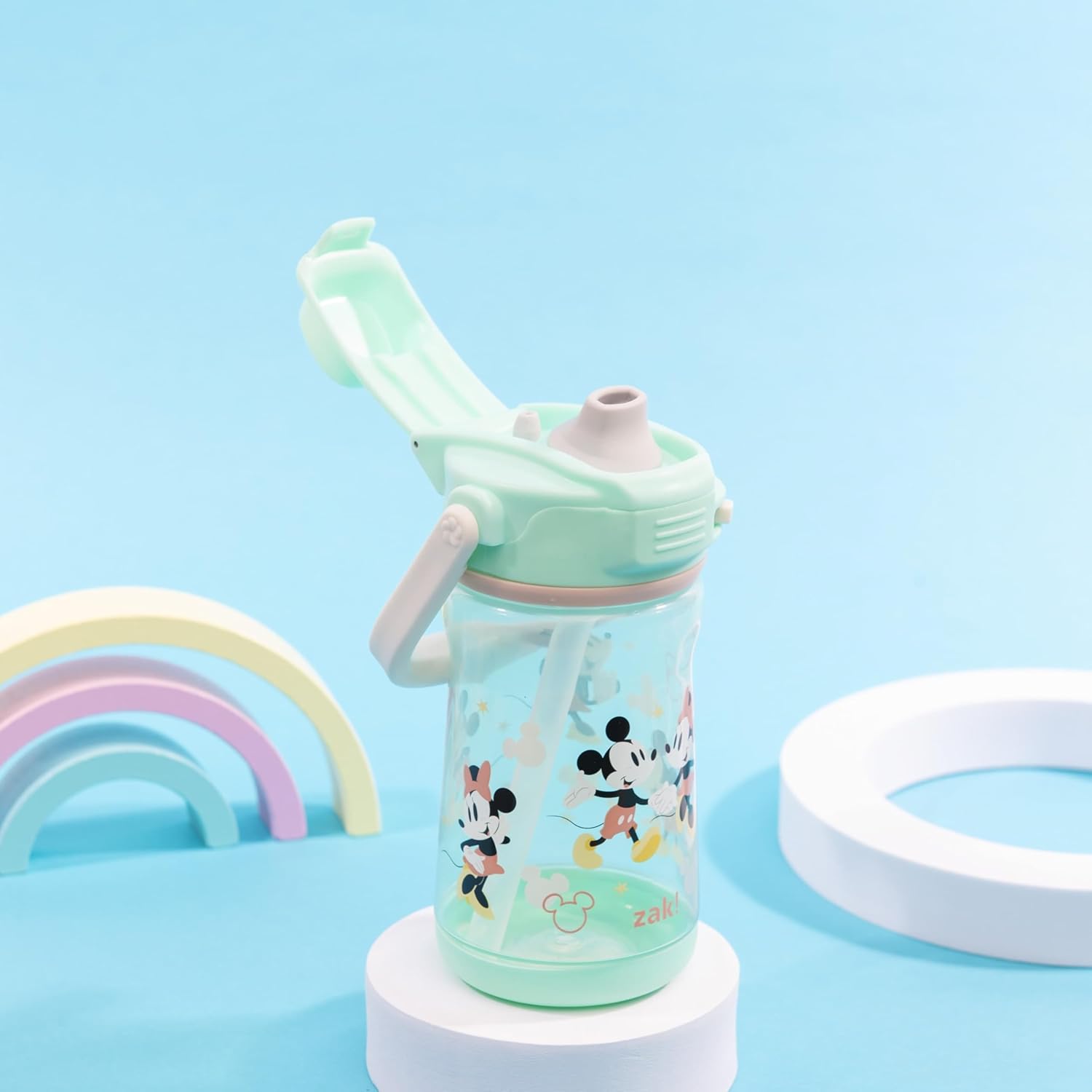 Zak Designs Disney Beacon Kid Water Bottle for Travel or At Home, 12oz Plastic is Durable and Leak-Proof with Liquid Lock Spout, Cover, Carry Handle, Protective Base (Mickey Mouse & Minnie Mouse) - Image 2