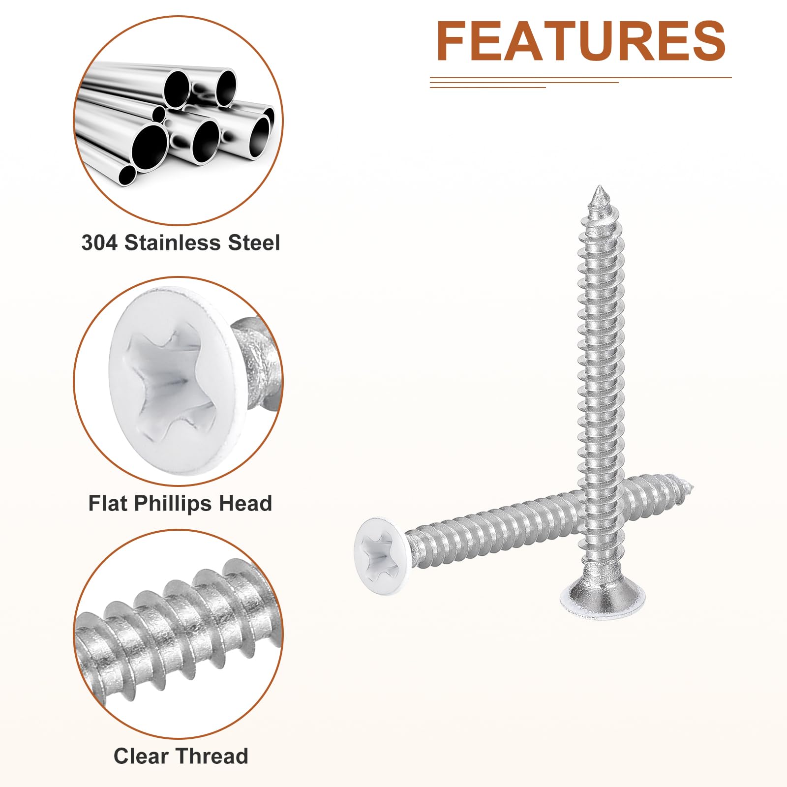 DTGN 50Pcs ST3.5x30mm Flat Head Wood Screws, 304 Stainless Steel White Phillips Self Tapping Screws - Image 4
