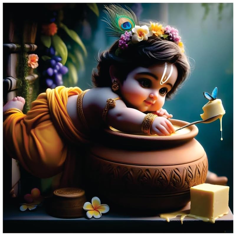 Image of British Terminal Cute little Bal Gopal Baby God Krishna| Kanha Ji | Laddu Lord Makhan Chor Painting Religious Poster for Pregnant Women for wall (matt thin vinyl,sticker,multicolor,unframed)| bj179