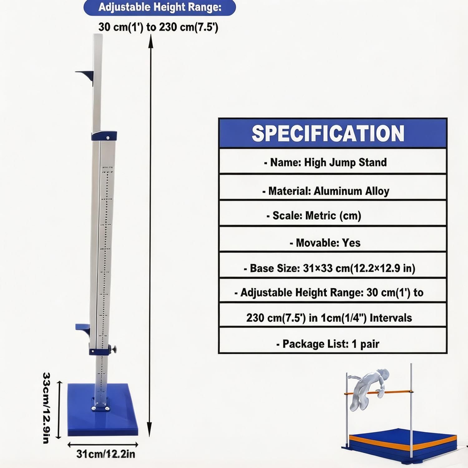 Stojak do skoku wzwyż, regulowana wysokość 30-230 cm/50-260 cm