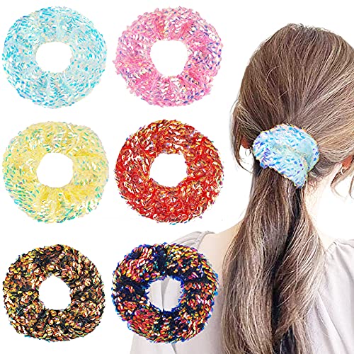 6 Colors Women Hair Scrunchies,Teenagers Sparkly Ponytail Holders Shinny Sequins Hair Accessories for Party Performance