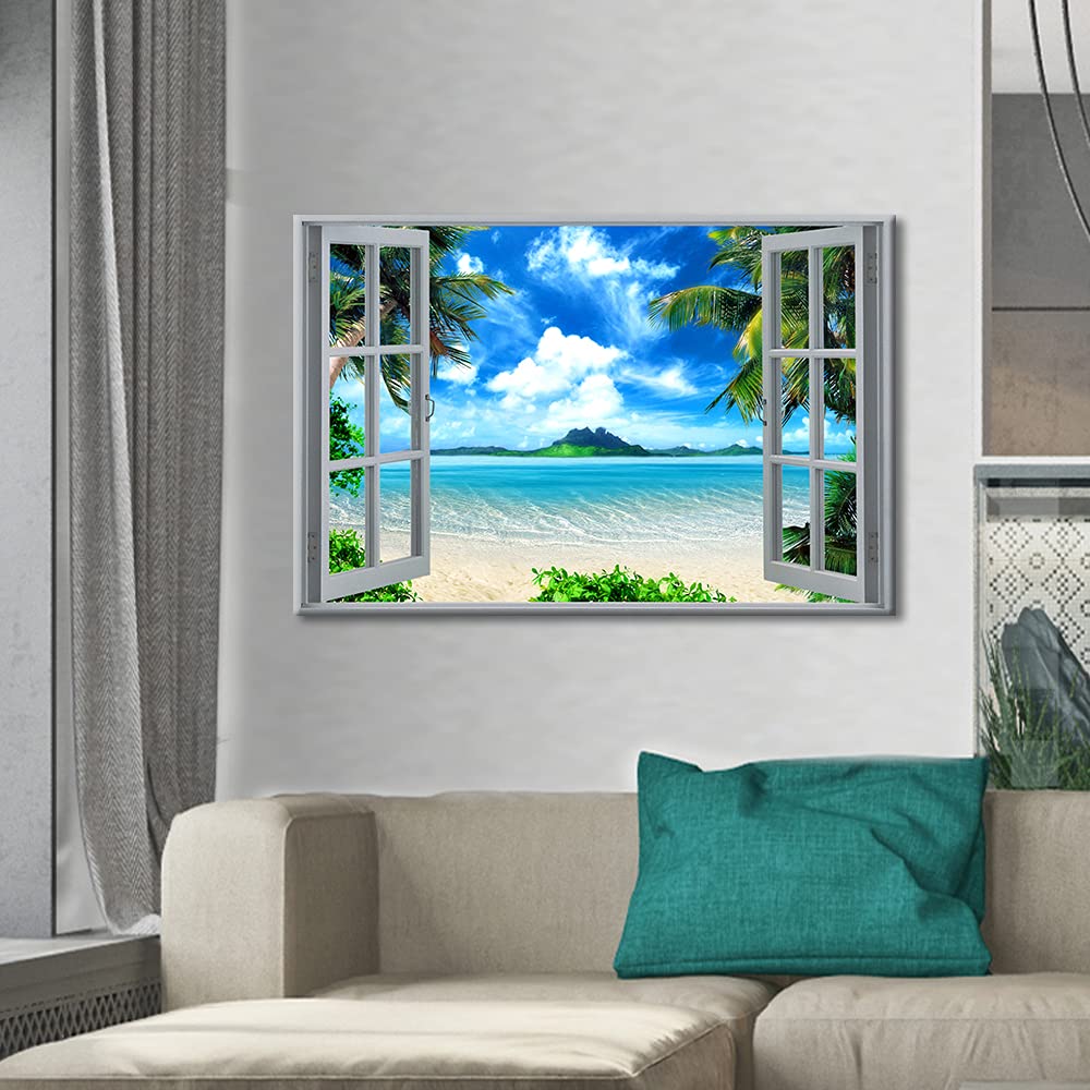TISHIRON 3D Window Beach View Effect Wall Decorations For Home Modern Decor Painting Pictures Print On Canvas Wall Art Wooden Frame Ready To Hang(18X12in) - Image 3