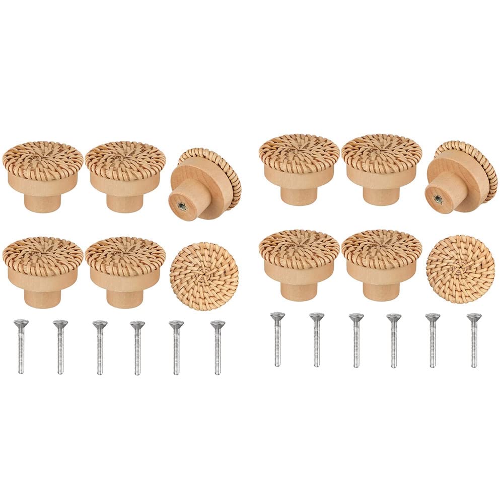 Jnchdghwa As Shown Boho Rattan Dresser Knobs Round Wooden Drawer Knobs Handmade Wicker Woven And Screws For Boho Furniture Knobs 12Pcs
