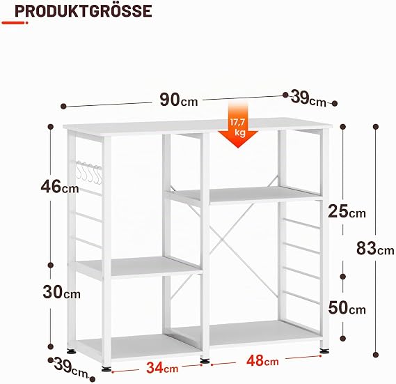 DlandHome Kitchen Storage Rack Kitchen Furniture with 3+3 Shelves for Microwave Oven Kitchen Utensils 90L x 39W x 83cm White