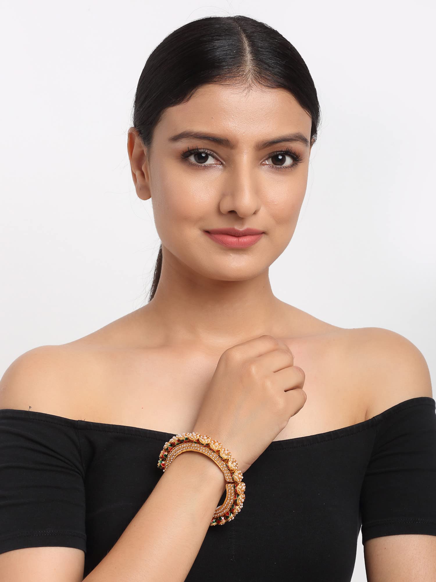 Ruby Raang Women's Mixed Metal Artificial Kundan bangles-and-bracelets - Traditional Jewellery Set for Women (White) - Image 2 thumbnail