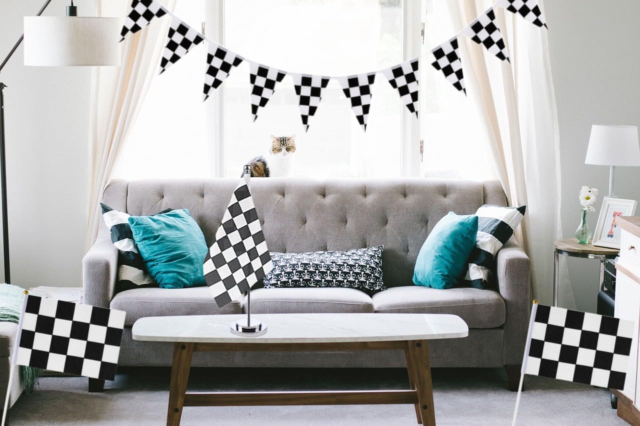 Checkered Table Flag Black and White Desktop Flag Stainless Steel Stand Base Desk Race For Veteran Office Home International Conference Black White Racing Theme Party Holiday Decorations - Image 4