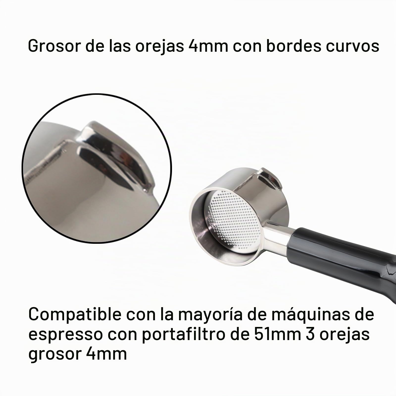 CAPFEI Portafiltro sin fondo de 51 mm para Casabrews CM5418/Cecotec Power Espresso 20 con 3 orejas de 4 mm de grosor y mango de madera