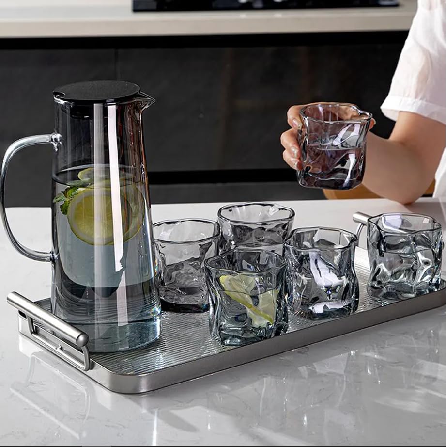 Image of Premium Water and Juice Black Glass & Borosilicate Glass Jug Set Combo [6 Piece Glass 300ML & 1 Piece Jug 1.8 Liter] Transparent Pitcher Set For Dining Table,Home & Restaurant,Party (MTS - 05)