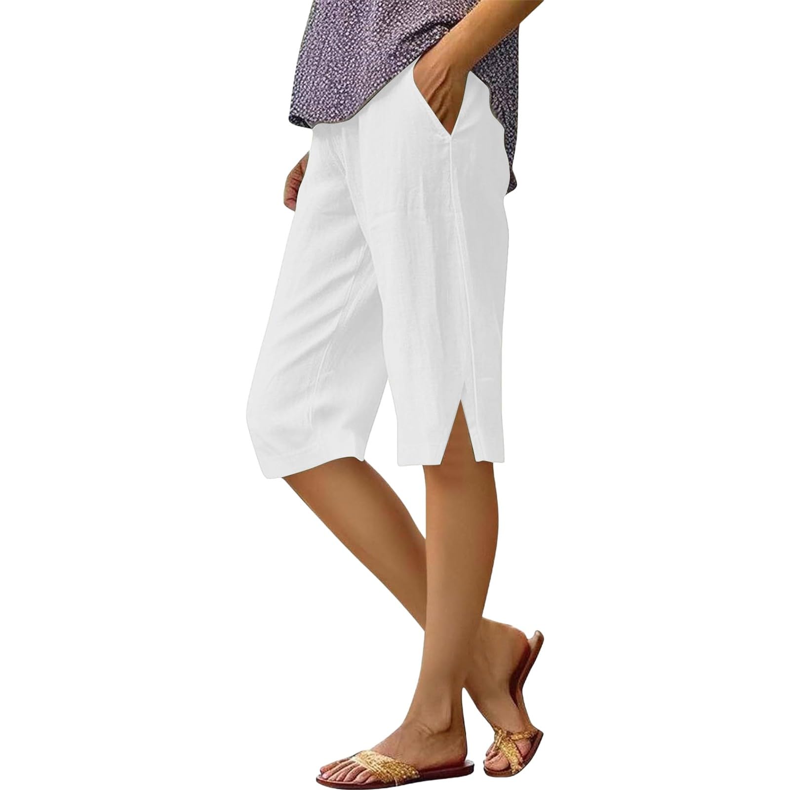 Linen Capri Pants for Women Summer Knee Length Straight Leg Pant Casual Loose Beach Bermuda Clothes with Pockets